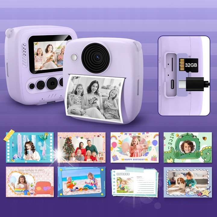 Aparat foto instantaneu pentru copii, 16x zoom, violet, 8,7x7,9x4,4cm, set complet cu 4 role de hartie si card de memorie 32GB