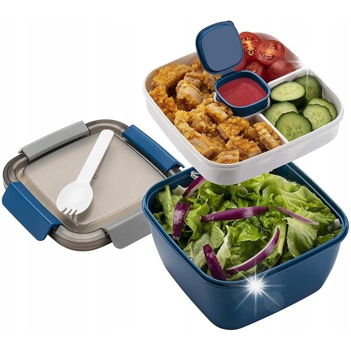 Cutie alimentara MUJUZE, 2 straturi, 1200 ml, 17x17x9,5 cm, cu lingura, rezistenta la microunde