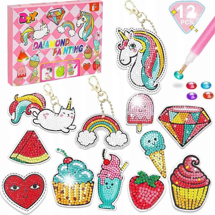 Set de artizanat cu diamante pentru copii, Afufu, 12 piese, multicolor, materiale acrilice