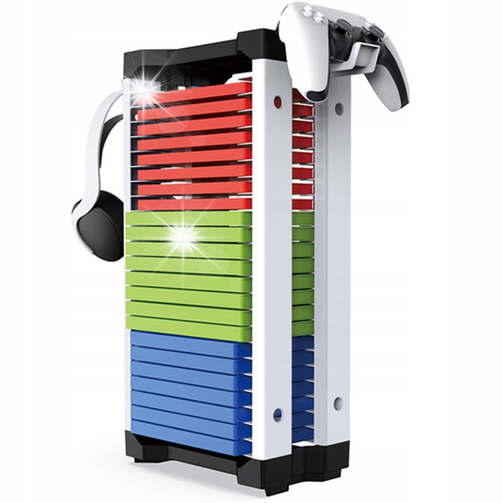 Stojak universal pentru jocuri si accesorii, organizator pentru console PS5, PS4, Xbox, 23 cutii, material ABS, cu suport pentru casti