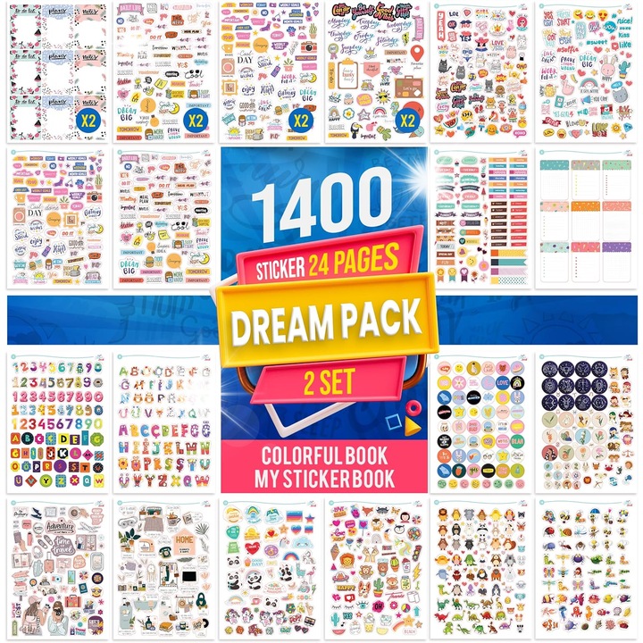 Set de stickere decorative, 24 foi, 1400 stickere, design multicolor, aplicare pe diverse suprafete