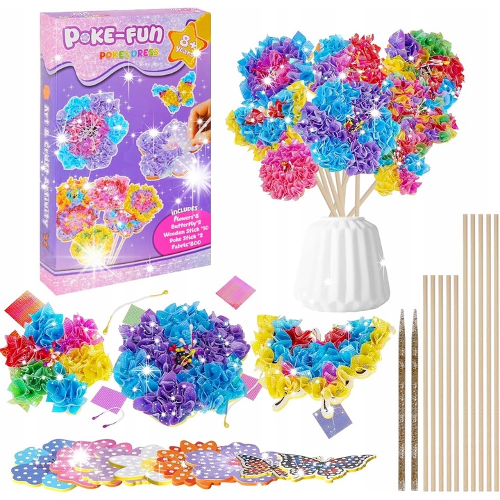 Kreatív virágdekorációs készlet, 800+ anyag, 8 habvirág, 2 pillangó, 10 fa szár, többszínű, 4-10 éves gyermekeknek