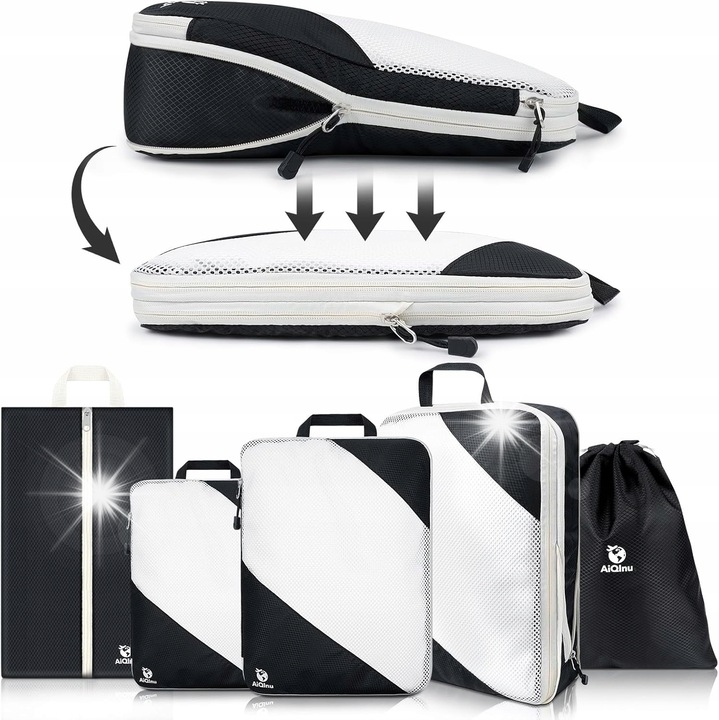 Set organizatoare pentru valiza, 5 bucati, design modern, compresie, negru, 44,1x32,8x5,3cm