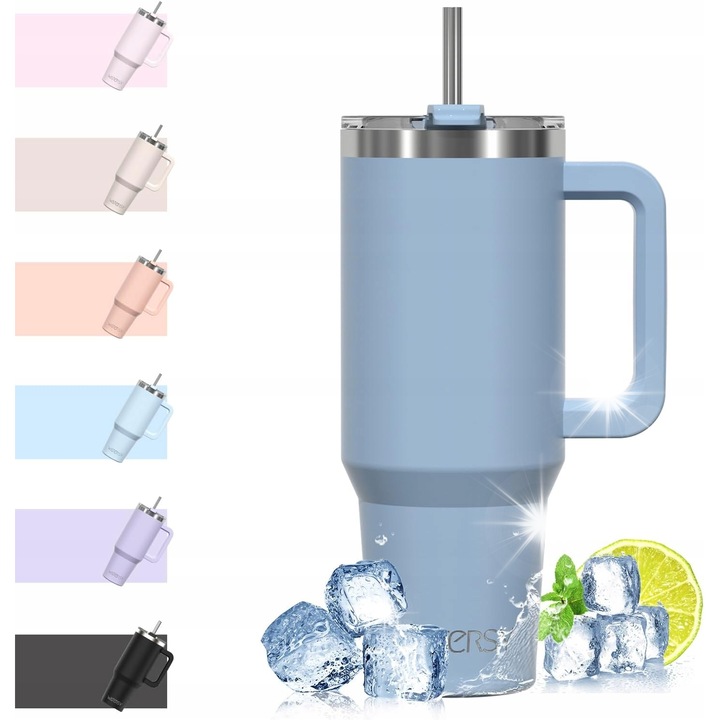 Cana termica 1182ml, capac cu deschidere pentru pai, albastra, din otel inoxidabil 304, rezistenta la rugina