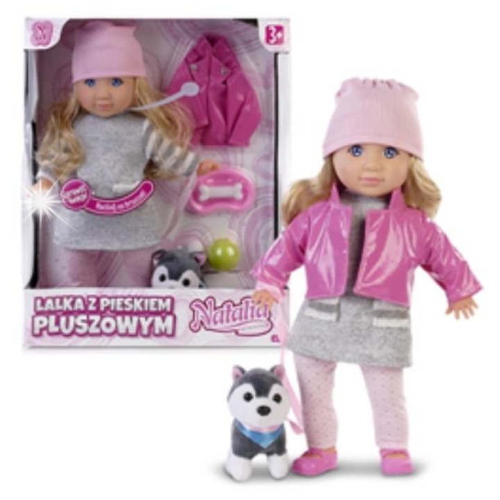 Interaktív baba Artyk Natalia kutyussal, 35cm, rózsaszín, teljes készlet
