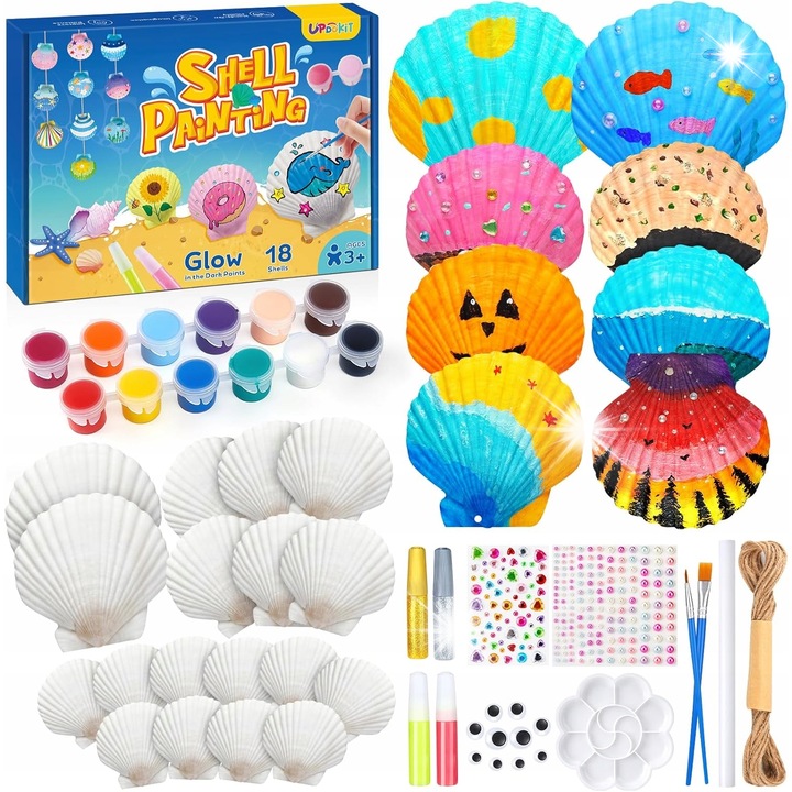 Set de pictura pentru copii, 18 scoici, 12 culori de vopsea, materiale netoxice, interactiv, 3+ ani