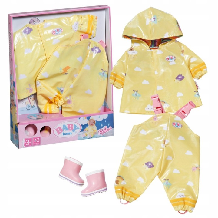 Costum de ploaie pentru papusa Baby Born 43 cm, galben, set cu cizme roz