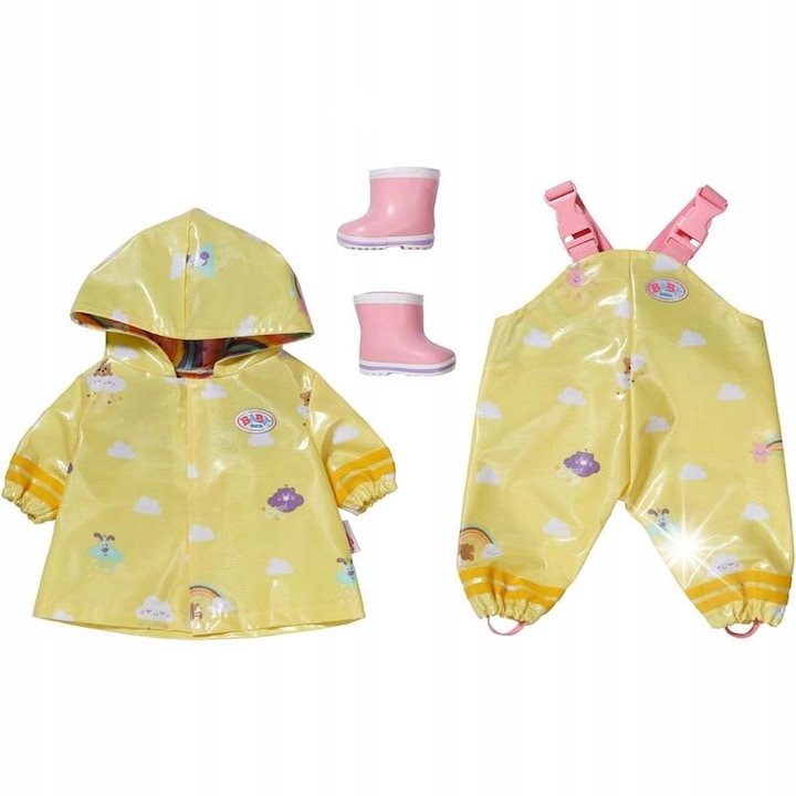 Костюм за дъжд за кукла Baby Born 43 см, жълт, комплект с розови ботуши