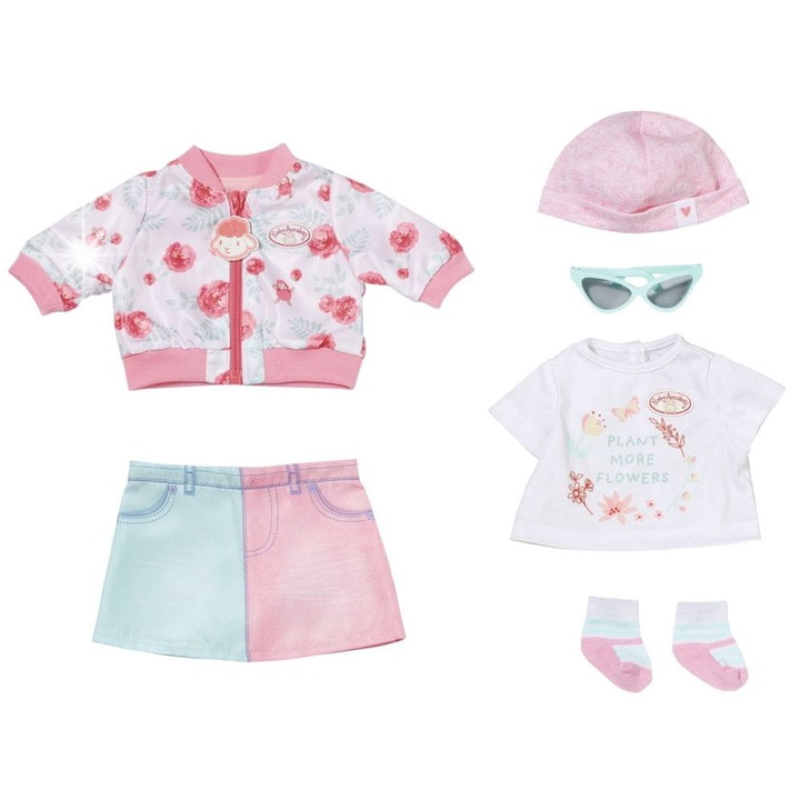 Jacheta pentru papusi Baby Annabell, set de primavara 43 cm, jacheta, fusta, bluza, sosete, palarie, ochelari de soare