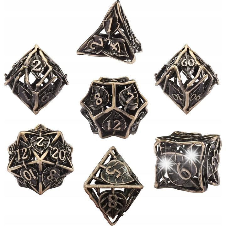 Set 7 zaruri metalice cu design din frunze de artar pentru jocuri RPG