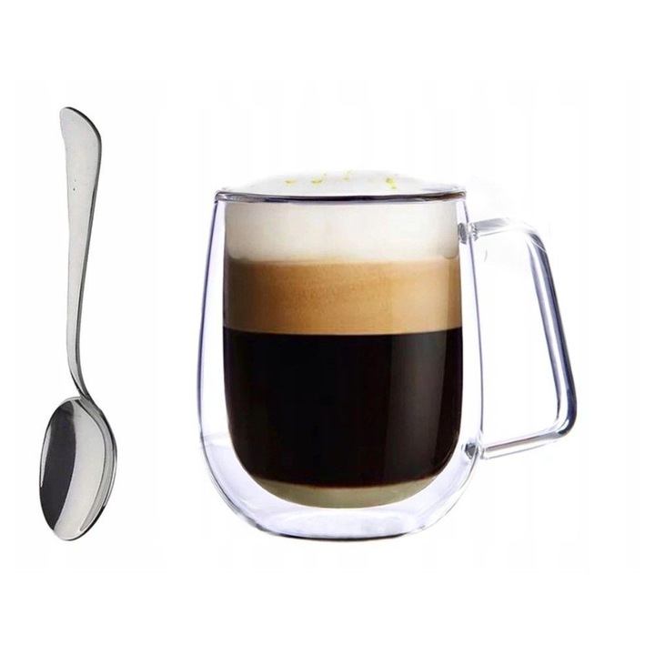 Set 4 pahare termice 300ml cu lingurita, design scandinav, sticla borosilicata, rezistente la temperaturi extreme