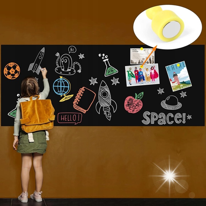 Folie tablica magnetica, 200x100cm, neagra, set cu 3 prinderi magnetice si carpe de curatare