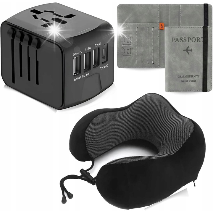 Set accesorii de calatorie, perna ergonomica, adaptor universal, etui RFID pentru pasaport