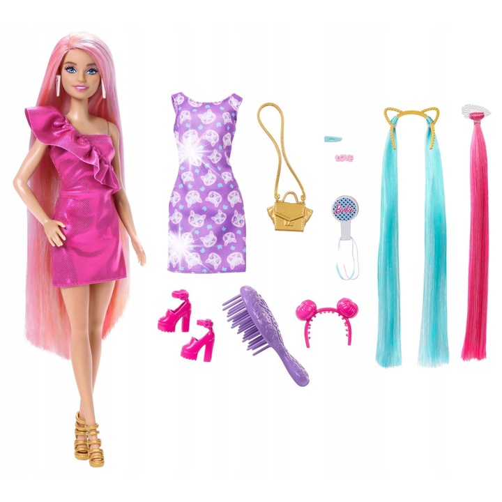 Papusa Barbie, 10 accesorii, rochie roz, 32.4cm