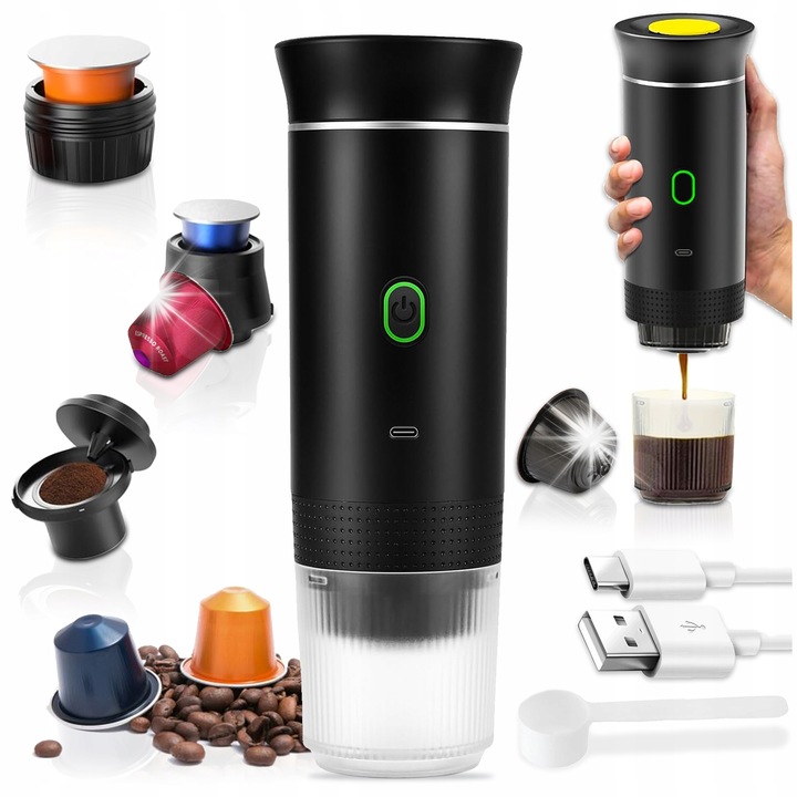 Преносима кафемашина 3 в 1, големи и малки капсули, смляно кафе, безжична, компактна, 24 см