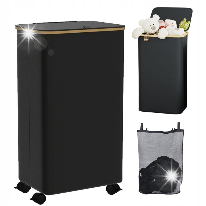 Cos de rufe 110L, cu roti, capac, manere din bambus, negru, 33x44x74cm