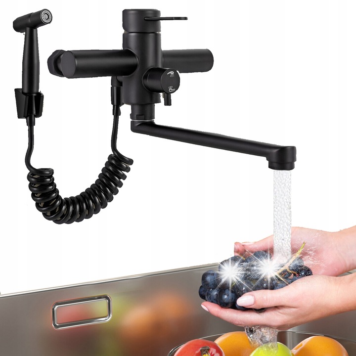 Baterie sanitara cu duza flexibila, neagra, montare pe perete, 360° rotativa, set cu pistol de dus