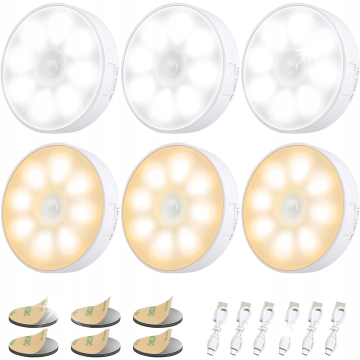 Set 6 Lampi Nocna LED cu Senzor de Miscare, Alb si Galben, 83x83x20mm