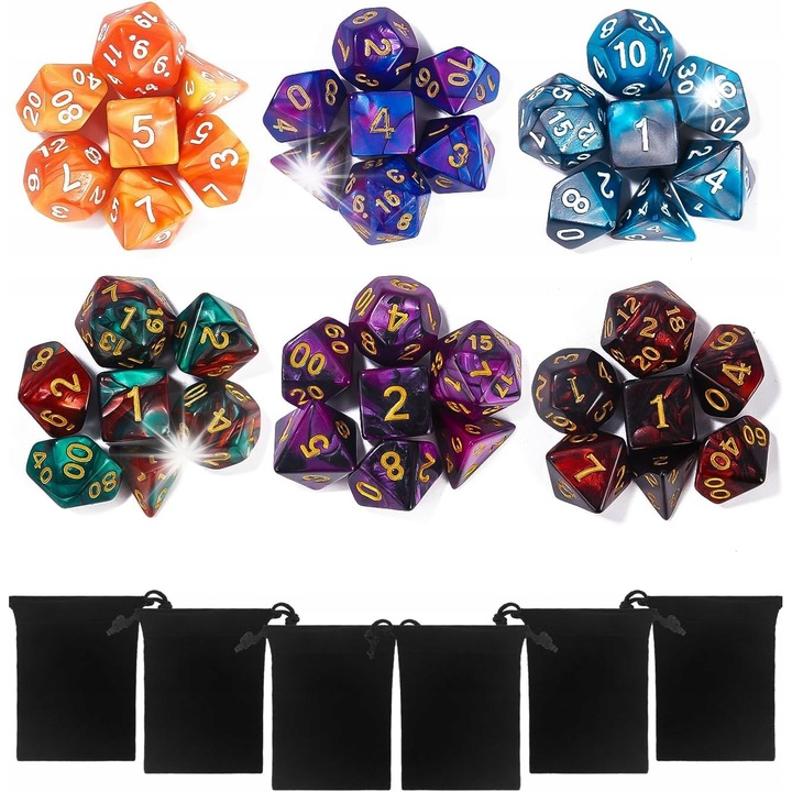 Set 42 de zaruri colorate pentru jocuri RPG, Dungeons and Dragons, 6 seturi, acrilic, multicolor