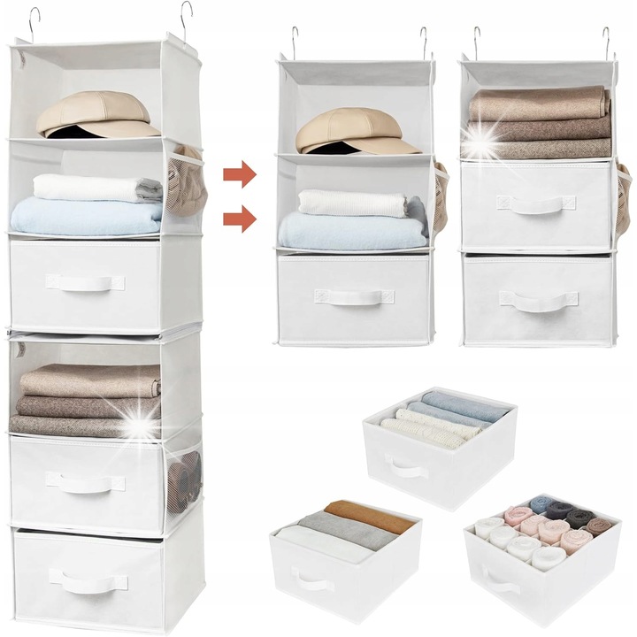 Organizator suspendat pentru haine, 6 polite, 30,5x30,5x120cm, cu 3 sertare si 4 buzunare laterale, multicolor