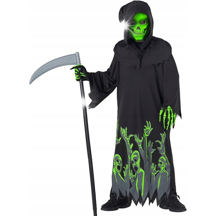 Costum de Halloween pentru copii, Zniwiarz, cu masca si manusi luminoase, L