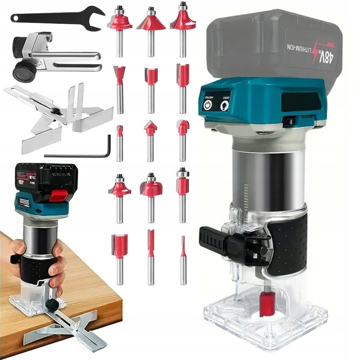 Freza electrica pentru lemn, Bedee, 600W, 6 viteze, cu LED, 57x24cm, cu accesorii