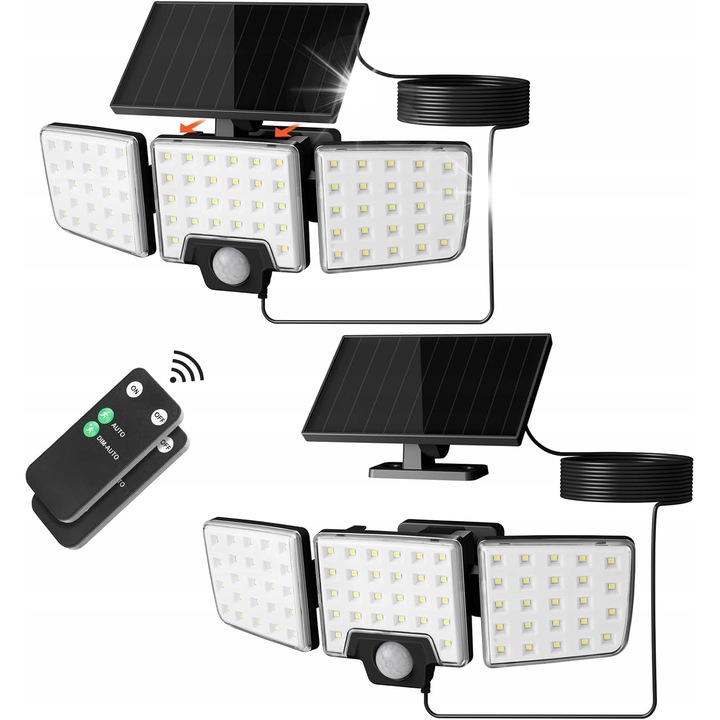 Set de 2 lampi solare LED, negru, 1000 lumeni, cu senzor de miscare, IP65