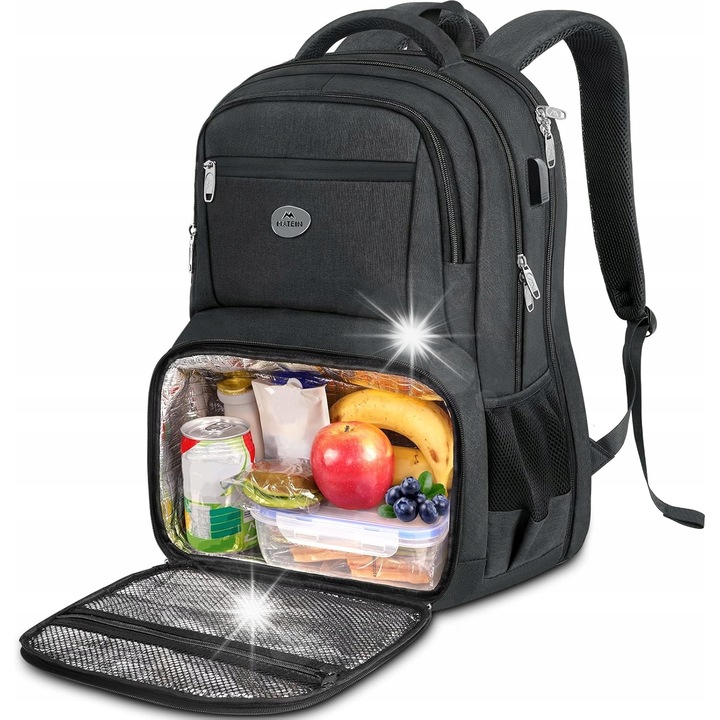 Ghiozdan mare de afaceri cu compartiment pentru laptop, negru, 46x32,8x21,6cm, cu port USB, izolat termic