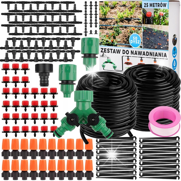 Set de irigare prin picurare, 25m, 50 duze, accesorii pentru plante in ghiveci, multicolor