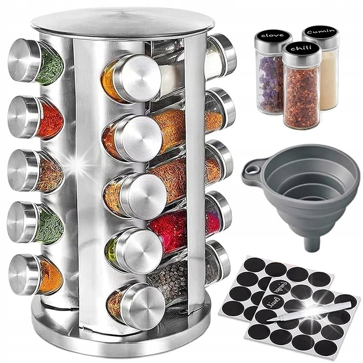 Органайзер за подправки, Bedee, комплект 20 стъклени буркана, въртящ се, инокс, 18,5x18,5x33см