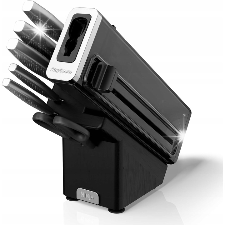 Set de cutite cu bloc si ascutitor, 6 piese, otel inoxidabil, gri-negru, dimensiuni bloc 33,6x14,8x31,9cm