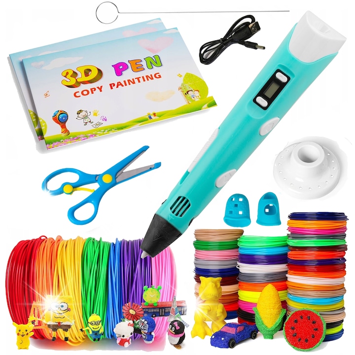 Pix 3D pentru copii, 150m filament, set XXL, 25 culori, roz, albastru