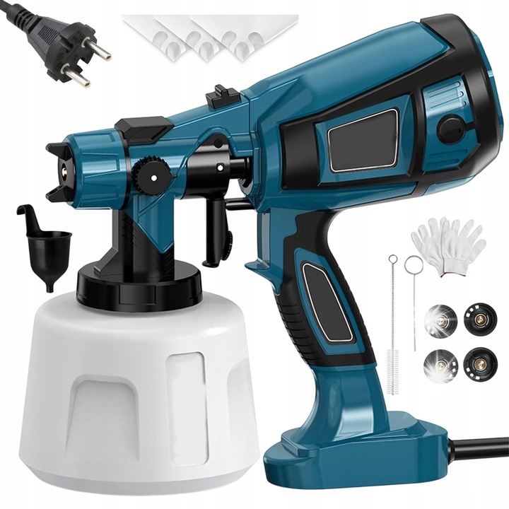 Електрически пистолет за боядисване Bedee, 850W, 1400ml, 4 медни дюзи, син, 28x28см