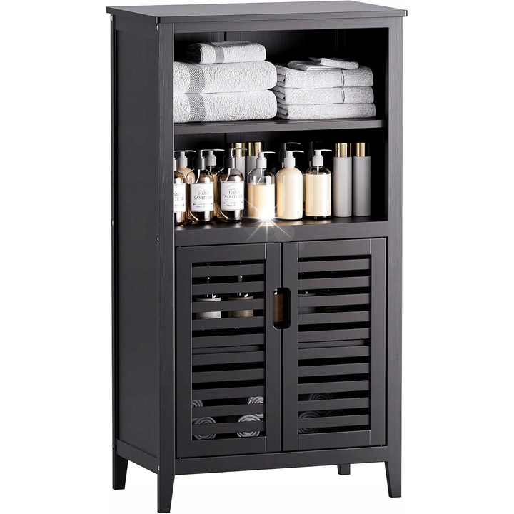 Dulap baie, 5 polite, bambus natural, design minimalist, negru, 50x30x92,5cm