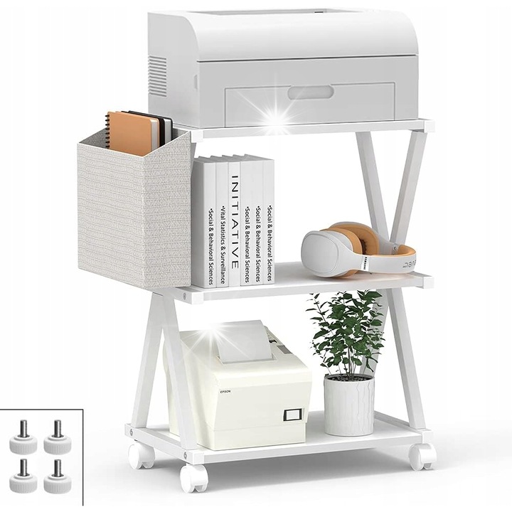 Suport mobil pentru imprimanta, 3 niveluri, design multifunctional, 44x28x59cm, lemn si metal, capacitate 15kg
