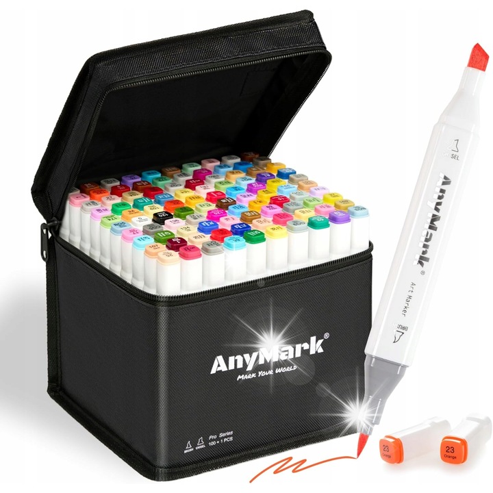 Set markere alcoolice 100 culori AnyMark, varf dublu pensula si dalta