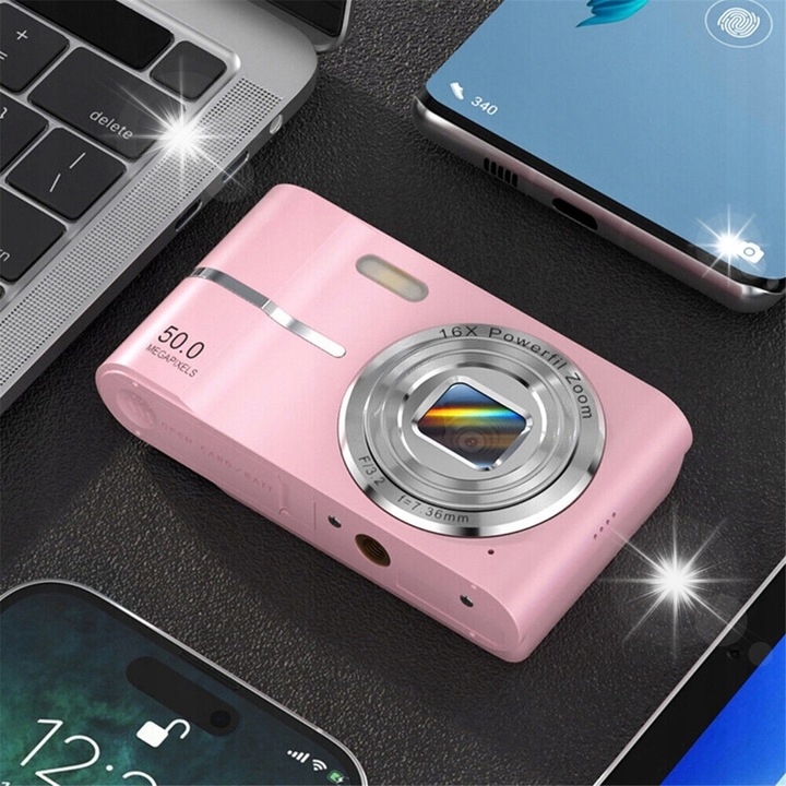 Camera digitala 50MP, 16x zoom, cu lampa blitz, roz, pentru copii