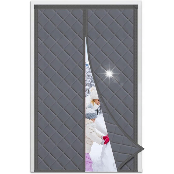 Cortina magnetica izolata termic pentru usi, 90x210cm, gri, montaj fara unelte
