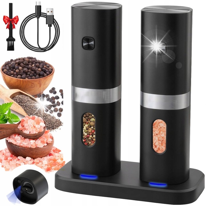 Set 2 mlinte electrice pentru sare si piper, incarcare USB, dimensiuni 51x53x178,8mm, inox, ABS