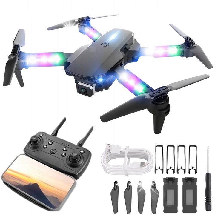 Dron Bedee E99 Light Edition, camera duala HD, efecte luminoase, negru, set cu 2 baterii