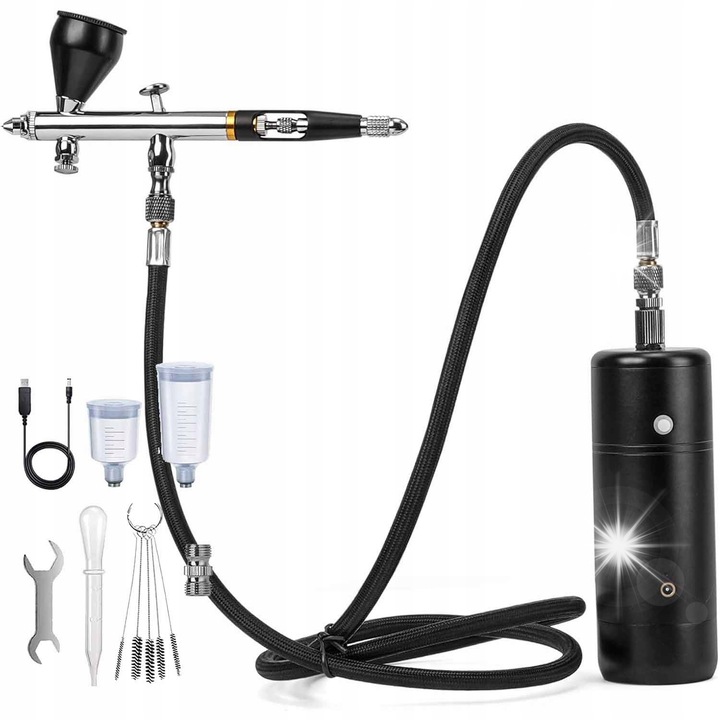 Set aerograf Bedee, 0.3mm, 3 cupe, negru, 12x15cm