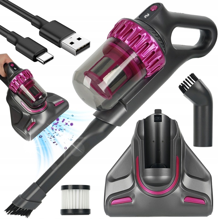 Преносима прахосмукачка Bedee с UV функция за дезинфекция, 10000Pa, червено-сива, 320x215x175 мм