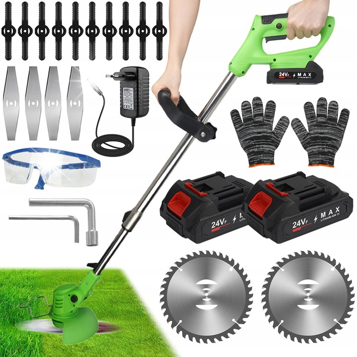 Taietor de iarba cu 3 lame, 120 cm, verde, set cu 2 baterii si accesorii