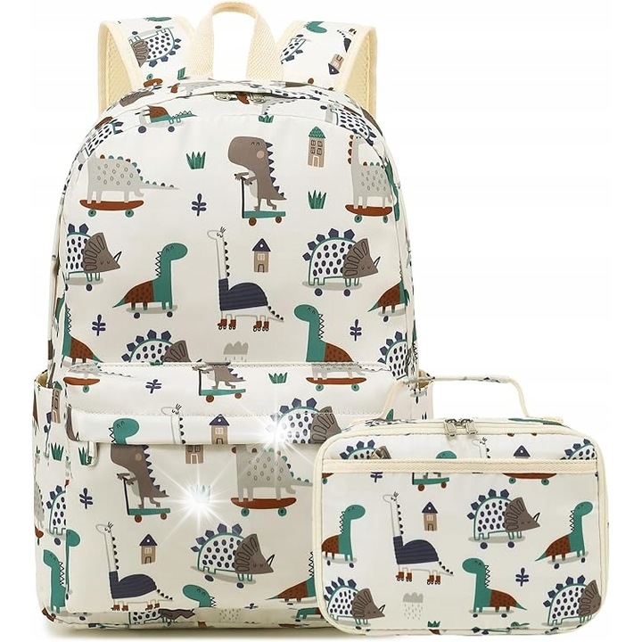 Ghiozdan scolar pentru copii, design dinozaur, 30x30x10cm, set cu cutie pentru pranz