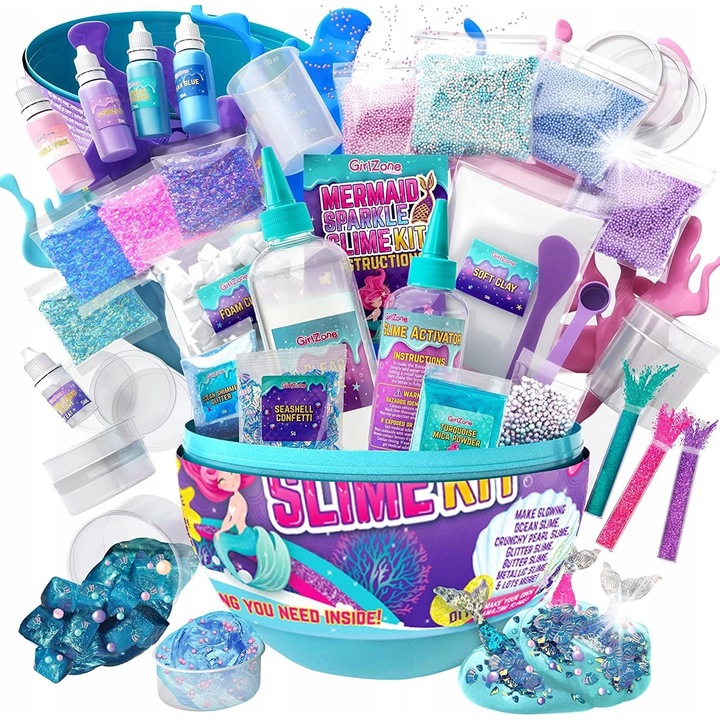 Színes slime készlet kiegészítőkkel, 20+ adalékanyag, 3 sellő medál, 10-12 év