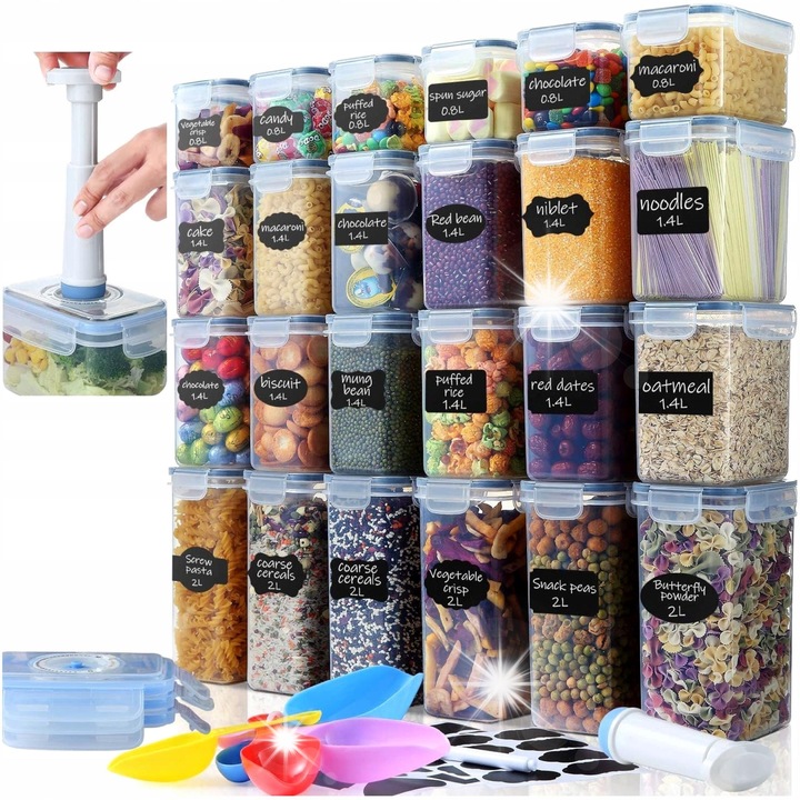 Set 24 cutii alimentare transparente cu etichete si pompa de vid, diverse dimensiuni
