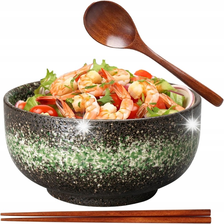 Set ceramic pentru ramen, 17cm, culoare verde, include 1 x bol, 1 x lingura, 1 x pereche de betisoare