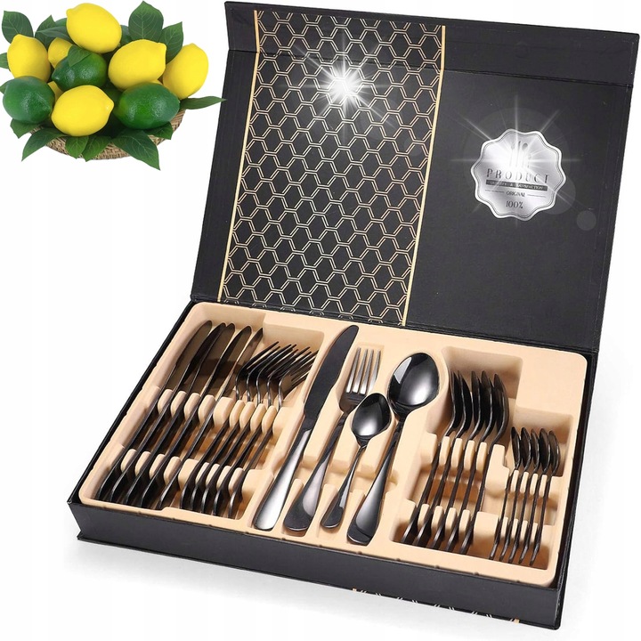 Комплект прибори за хранене от неръждаема стомана Bedee от 24 части, 6 ножа, 6 вилици, 6 супени лъжици, 6 чаени лъжички, черен, за 6 души