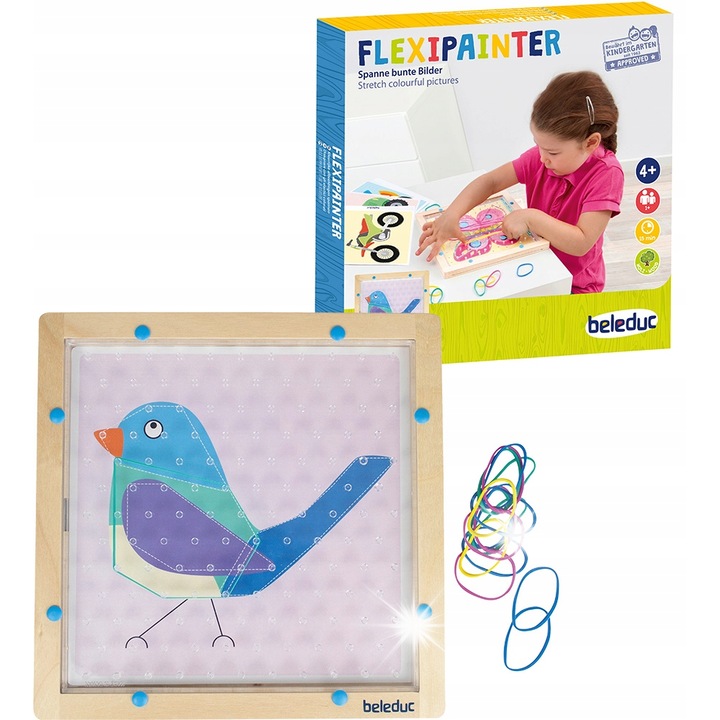 Tablica manipulativa Flexipainter, Beleduc, 28x guma, 5x carduri cu sabloane, pentru copii de la 4 ani