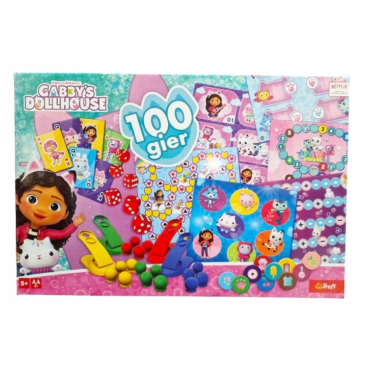 Комплект настолни игри за деца, Trefl, 6 дъски, 54 жетона, 16 пионки, 55 карти, 6 зара, 40x27x6 см, многоцветен